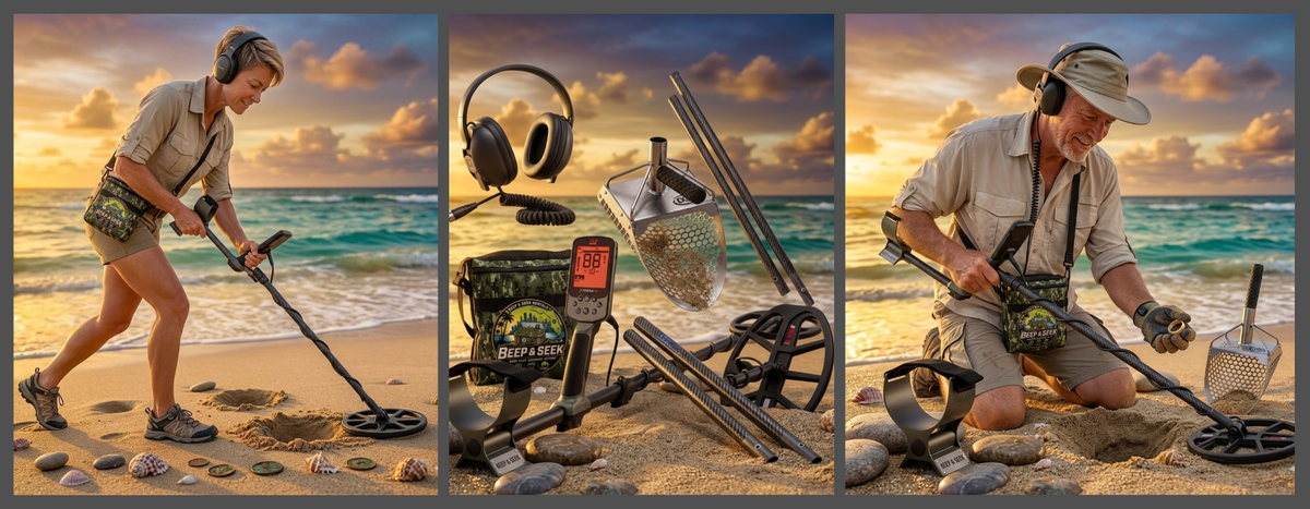 A three-panel collage showing a metal detector set in use on a beach by a woman and a man, plus a central product close-up of the detector, headphones, antenna, and basket. The beach scene has ocean waves and a warm sunset sky, while the product shot has a clean studio-style background.
